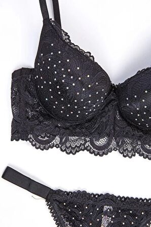 Tılsım Lingerie Serpme Taşlı Dantel Detaylı Balenli Siyah Sütyen Takımı - 105