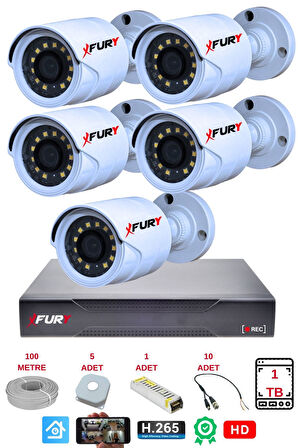 FURY 5 li Gece Renkli Görüş Güvenlik Kamerası Full HD-Su Geçirmez Güvenlik Kamerası Seti 1TB