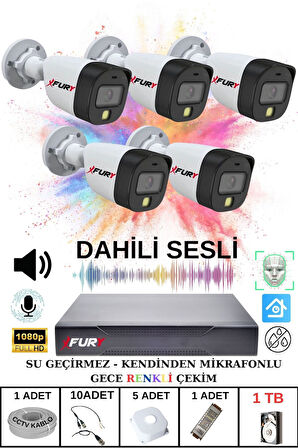 FURY 5 li Sesli Gece Renkli Görüş Güvenlik Kamerası Su Geçirmez Güvenlik Kamerası Seti 1TB