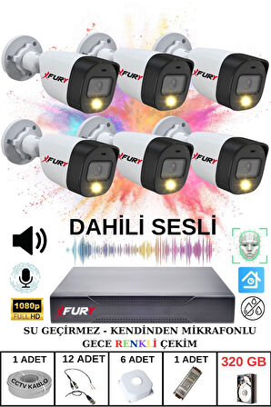FURY 6 lı Sesli Gece Renkli Görüş Güvenlik Kamerası Su Geçirmez Güvenlik Kamerası Seti 320GB