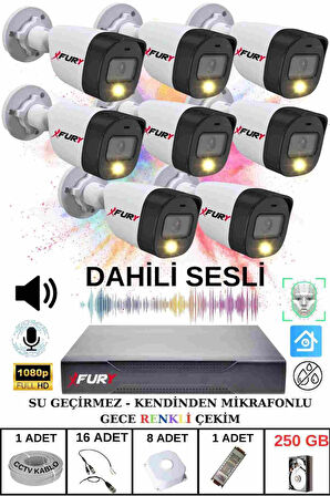 FURY 8 li Sesli Gece Renkli Görüş Güvenlik Kamerası Su Geçirmez Güvenlik Kamerası Seti 250GB