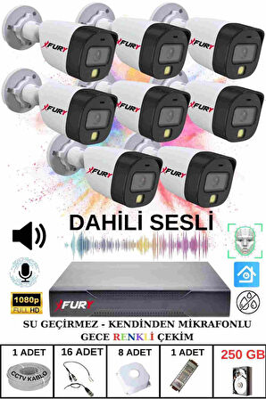 FURY 8 li Sesli Gece Renkli Görüş Güvenlik Kamerası Su Geçirmez Güvenlik Kamerası Seti 250GB