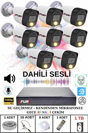 FURY 8 li Sesli Gece Renkli Görüş Güvenlik Kamerası Su Geçirmez Güvenlik Kamerası Seti 1TB