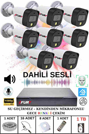 FURY 8 li Sesli Gece Renkli Görüş Güvenlik Kamerası Su Geçirmez Güvenlik Kamerası Seti 1TB
