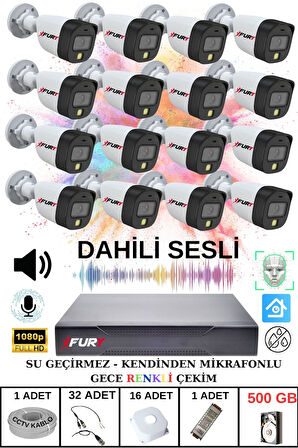 FURY 16 LI Sesli Gece Renkli Görüş Güvenlik Kamerası Su Geçirmez Güvenlik Kamerası Seti 500GB