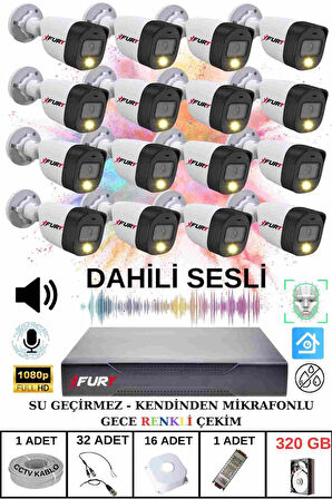 FURY 16 LI Sesli Gece Renkli Görüş Güvenlik Kamerası Su Geçirmez Güvenlik Kamerası Seti 320GB