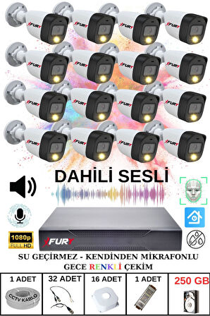 FURY 16 LI Sesli Gece Renkli Görüş Güvenlik Kamerası Su Geçirmez Güvenlik Kamerası Seti 250GB