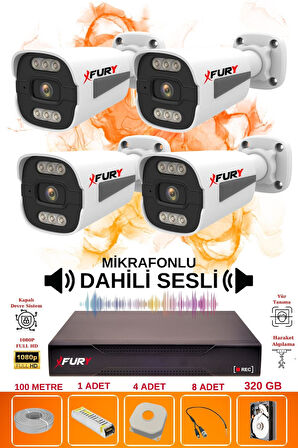 FURY 4 LÜ Sesli 6 Warm Led Gece Renkli Görüş Su Geçirmez Güvenlik Kamerası Seti 320GB