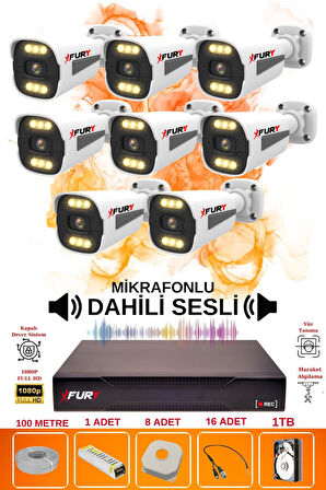 FURY 8 li Sesli 6 Warm Led Gece Renkli Görüş Su Geçirmez Güvenlik Kamerası Seti 1TB