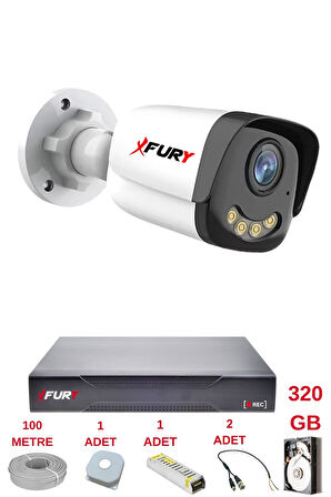 FURY 1 Kameralı 4 Warm Led Gece Renkli Görüş-Cepten İzle-Su Geçirmez Güvenlik Kamerası Seti 320GB