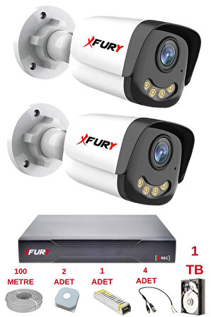 FURY 2 Kameralı 4 Warm Led Gece Renkli Görüş-Cepten İzle-Su Geçirmez Güvenlik Kamerası Seti 1TB