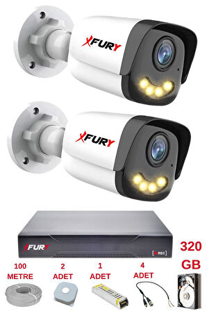 FURY 2 Kameralı 4 Warm Led Gece Renkli Görüş-Cepten İzle-Su Geçirmez Güvenlik Kamerası Seti 320GB