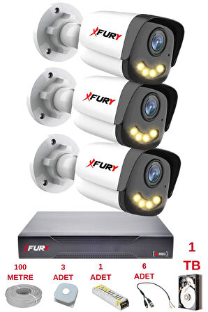 FURY 3 Kameralı 4 Warm Led Gece Renkli Görüş-Cepten İzle-Su Geçirmez Güvenlik Kamerası Seti 1TB