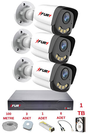 FURY 3 Kameralı 4 Warm Led Gece Renkli Görüş-Cepten İzle-Su Geçirmez Güvenlik Kamerası Seti 1TB