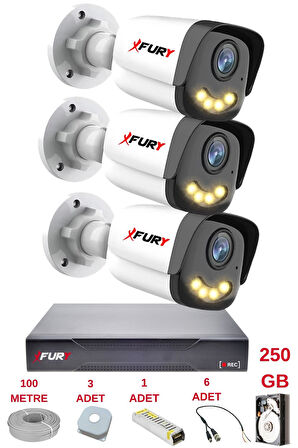 FURY 3 Kameralı 4 Warm Led Gece Renkli Görüş-Cepten İzle-Su Geçirmez Güvenlik Kamerası Seti 250GB