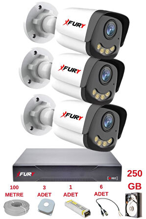 FURY 3 Kameralı 4 Warm Led Gece Renkli Görüş-Cepten İzle-Su Geçirmez Güvenlik Kamerası Seti 250GB