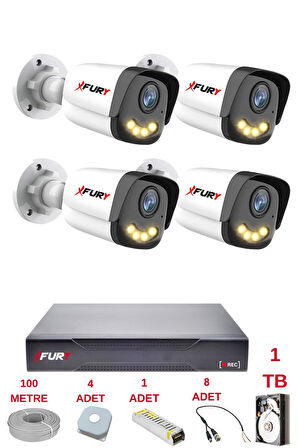 FURY 4 Kameralı 4 Warm Led Gece Renkli Görüş-Cepten İzle-Su Geçirmez Güvenlik Kamerası Seti 1TB