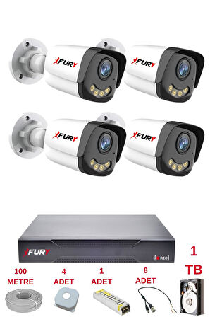 FURY 4 Kameralı 4 Warm Led Gece Renkli Görüş-Cepten İzle-Su Geçirmez Güvenlik Kamerası Seti 1TB