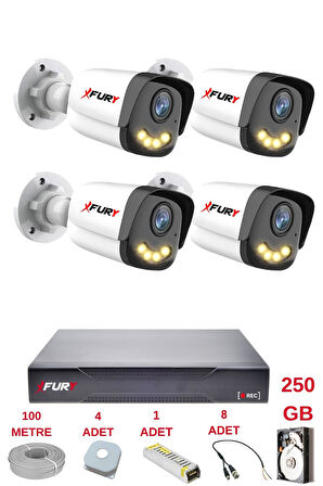 FURY 4 Kameralı 4 Warm Led Gece Renkli Görüş-Cepten İzle-Su Geçirmez Güvenlik Kamerası Seti 250GB