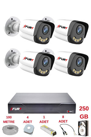 FURY 4 Kameralı 4 Warm Led Gece Renkli Görüş-Cepten İzle-Su Geçirmez Güvenlik Kamerası Seti 250GB