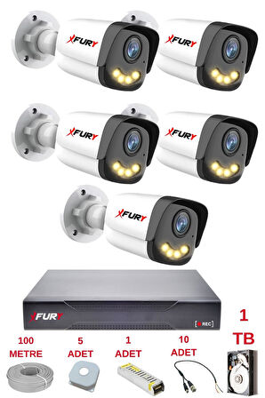 FURY 5 Kameralı 4 Warm Led Gece Renkli Görüş-Cepten İzle-Su Geçirmez Güvenlik Kamerası Seti 1TB