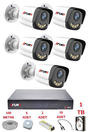 FURY 5 Kameralı 4 Warm Led Gece Renkli Görüş-Cepten İzle-Su Geçirmez Güvenlik Kamerası Seti 1TB