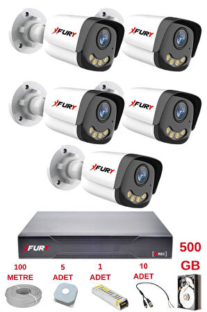 FURY 5 Kameralı 4 Warm Led Gece Renkli Görüş-Cepten İzle-Su Geçirmez Güvenlik Kamerası Seti 500GB