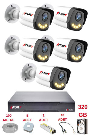 FURY 5 Kameralı 4 Warm Led Gece Renkli Görüş-Cepten İzle-Su Geçirmez Güvenlik Kamerası Seti 320GB