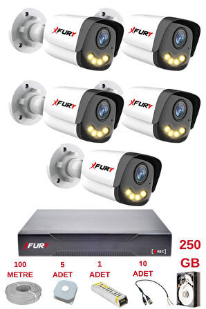 FURY 5 Kameralı 4 Warm Led Gece Renkli Görüş-Cepten İzle-Su Geçirmez Güvenlik Kamerası Seti 250GB