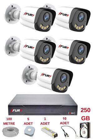 FURY 5 Kameralı 4 Warm Led Gece Renkli Görüş-Cepten İzle-Su Geçirmez Güvenlik Kamerası Seti 250GB