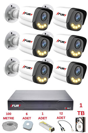 FURY 6 Kameralı 4 Warm Led Gece Renkli Görüş-Cepten İzle-Su Geçirmez Güvenlik Kamerası Seti 1TB
