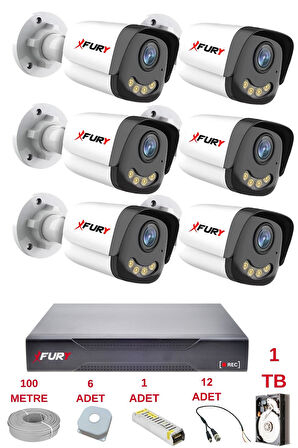 FURY 6 Kameralı 4 Warm Led Gece Renkli Görüş-Cepten İzle-Su Geçirmez Güvenlik Kamerası Seti 1TB