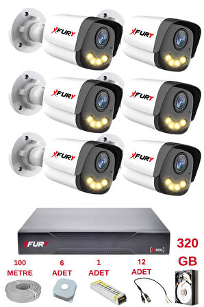 FURY 6 Kameralı 4 Warm Led Gece Renkli Görüş-Cepten İzle-Su Geçirmez Güvenlik Kamerası Seti 320GB