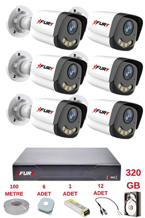 FURY 6 Kameralı 4 Warm Led Gece Renkli Görüş-Cepten İzle-Su Geçirmez Güvenlik Kamerası Seti 320GB