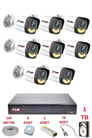 FURY 8 Kameralı 4 Warm Led Gece Renkli Görüş-Cepten İzle-Su Geçirmez Güvenlik Kamerası Seti 1TB