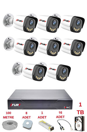 FURY 8 Kameralı 4 Warm Led Gece Renkli Görüş-Cepten İzle-Su Geçirmez Güvenlik Kamerası Seti 1TB