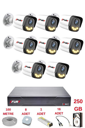 FURY 8 Kameralı 4 Warm Led Gece Renkli Görüş-Cepten İzle-Su Geçirmez Güvenlik Kamerası Seti 250GB