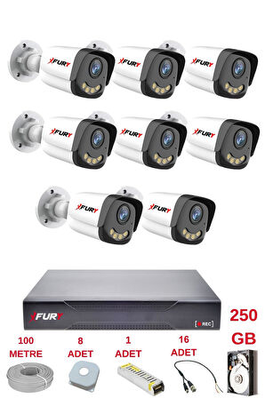 FURY 8 Kameralı 4 Warm Led Gece Renkli Görüş-Cepten İzle-Su Geçirmez Güvenlik Kamerası Seti 250GB