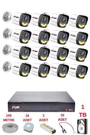 FURY 16 Kameralı 4 Warm Led Gece Renkli Görüş-Cepten İzle-Su Geçirmez Güvenlik Kamerası Seti 1TB