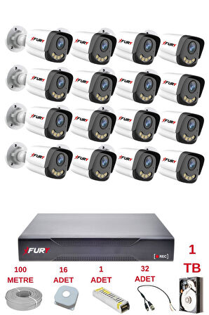 FURY 16 Kameralı 4 Warm Led Gece Renkli Görüş-Cepten İzle-Su Geçirmez Güvenlik Kamerası Seti 1TB