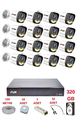 FURY 16 Kameralı 4 Warm Led Gece Renkli Görüş-Cepten İzle-Su Geçirmez Güvenlik Kamerası Seti 320GB