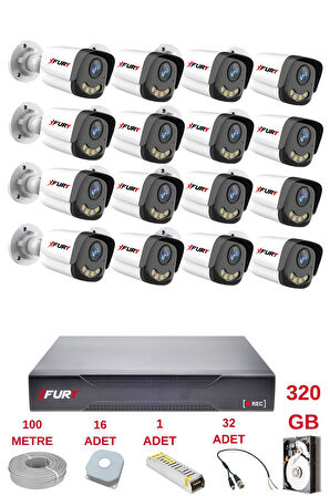 FURY 16 Kameralı 4 Warm Led Gece Renkli Görüş-Cepten İzle-Su Geçirmez Güvenlik Kamerası Seti 320GB