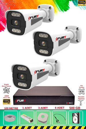FURY 3 Kameralı 6 Warm Led Gece Renkli Görüş-Cepten İzle-Su Geçirmez Güvenlik Kamerası Seti 500GB