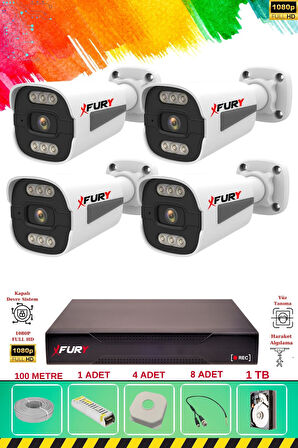 FURY 4 Kameralı 6 Warm Led Gece Renkli Görüş-Cepten İzle-Su Geçirmez Güvenlik Kamerası Seti 1TB