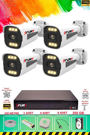 FURY 4 Kameralı 6 Warm Led Gece Renkli Görüş-Cepten İzle-Su Geçirmez Güvenlik Kamerası Seti 250GB