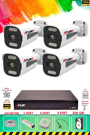 FURY 4 Kameralı 6 Warm Led Gece Renkli Görüş-Cepten İzle-Su Geçirmez Güvenlik Kamerası Seti 250GB