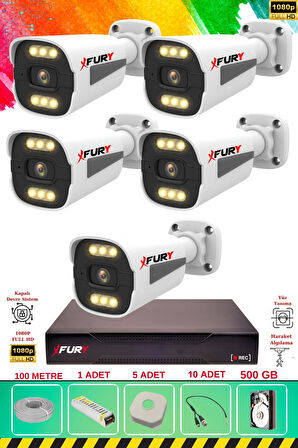 FURY 5 Kameralı 6 Warm Led Gece Renkli Görüş-Cepten İzle-Su Geçirmez Güvenlik Kamerası Seti 500GB