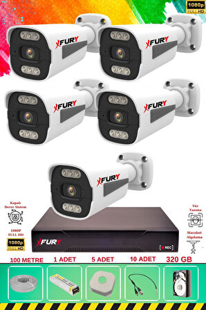 FURY 5 Kameralı 6 Warm Led Gece Renkli Görüş-Cepten İzle-Su Geçirmez Güvenlik Kamerası Seti 320GB