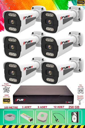 FURY 6 Kameralı 6 Warm Led Gece Renkli Görüş-Cepten İzle-Su Geçirmez Güvenlik Kamerası Seti 250GB