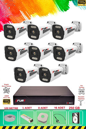 FURY 8 Kameralı 6 Warm Led Gece Renkli Görüş-Cepten İzle-Su Geçirmez Güvenlik Kamerası Seti 250GB